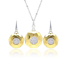 Load image into Gallery viewer, Sterling Silver Rhodium and Gold Plated Hammered Circle Clear Pave Set CZ Leverback Earring and Necklace Set