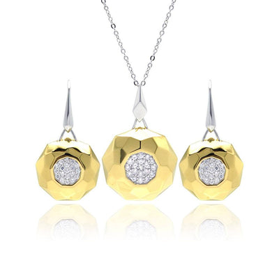 Sterling Silver Rhodium and Gold Plated Hammered Circle Clear Pave Set CZ Leverback Earring and Necklace Set
