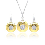Sterling Silver Rhodium and Gold Plated Hammered Circle Clear Pave Set CZ Leverback Earring and Necklace Set