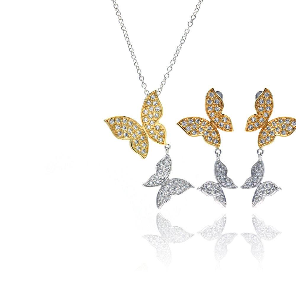 Sterling Silver Rhodium and Gold Plated Clear Butterfly CZ Dangling Stud Earring and Dangling Necklace Set