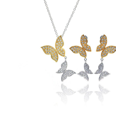 Sterling Silver Rhodium and Gold Plated Clear Butterfly CZ Dangling Stud Earring and Dangling Necklace Set