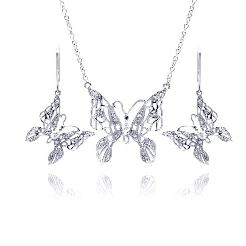 Sterling Silver Rhodium Plated Clear Filigree Butterfly CZ Hook Earring and Necklace Set