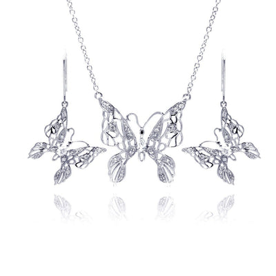 Sterling Silver Rhodium Plated Clear Filigree Butterfly CZ Hook Earring and Necklace Set