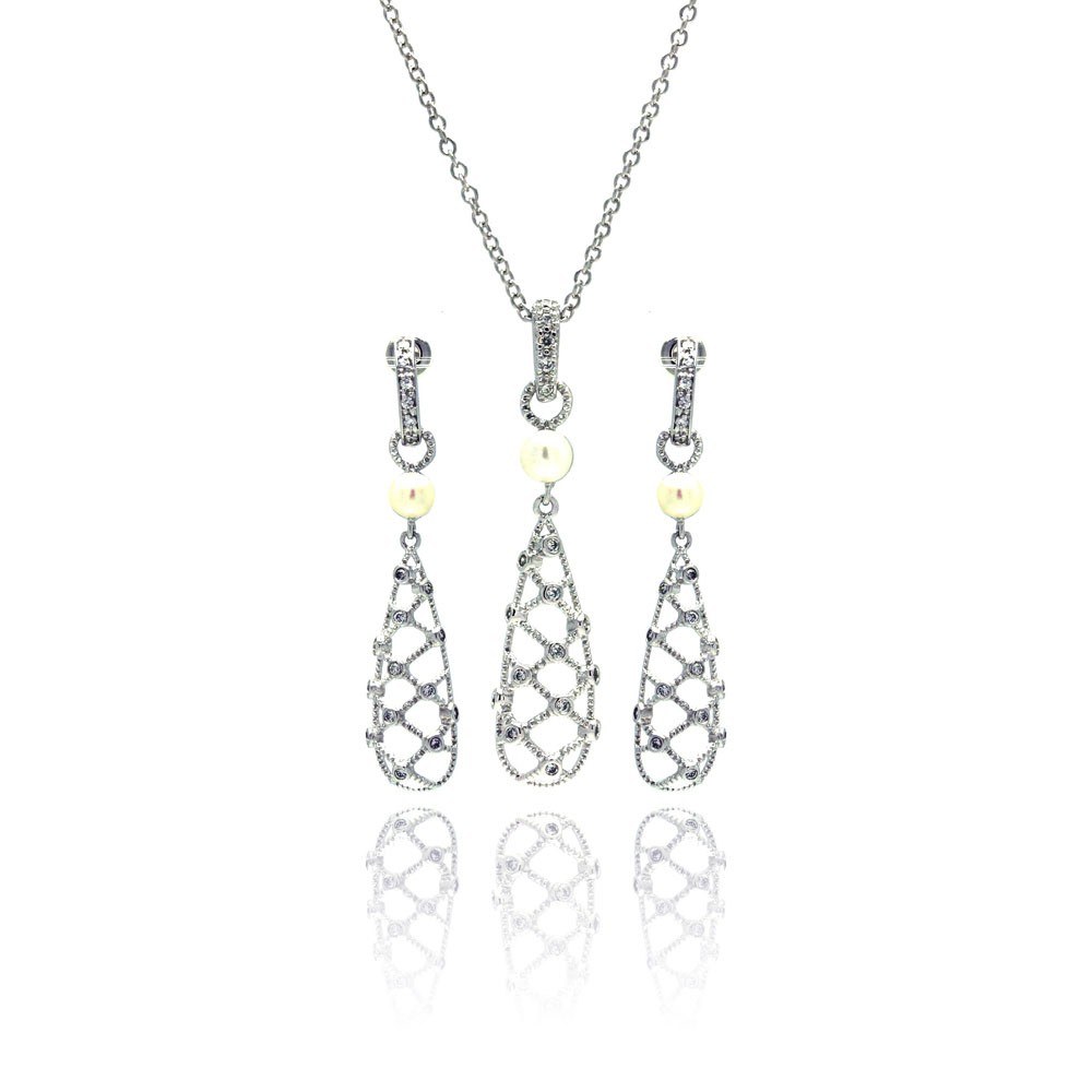 Sterling Silver Rhodium Plated Clear Baguette Flower CZ Stud Earring and Necklace Set