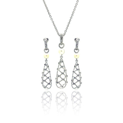 Sterling Silver Rhodium Plated Clear Baguette Flower CZ Stud Earring and Necklace Set