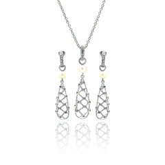 Sterling Silver Rhodium Plated Clear Baguette Flower CZ Stud Earring and Necklace Set