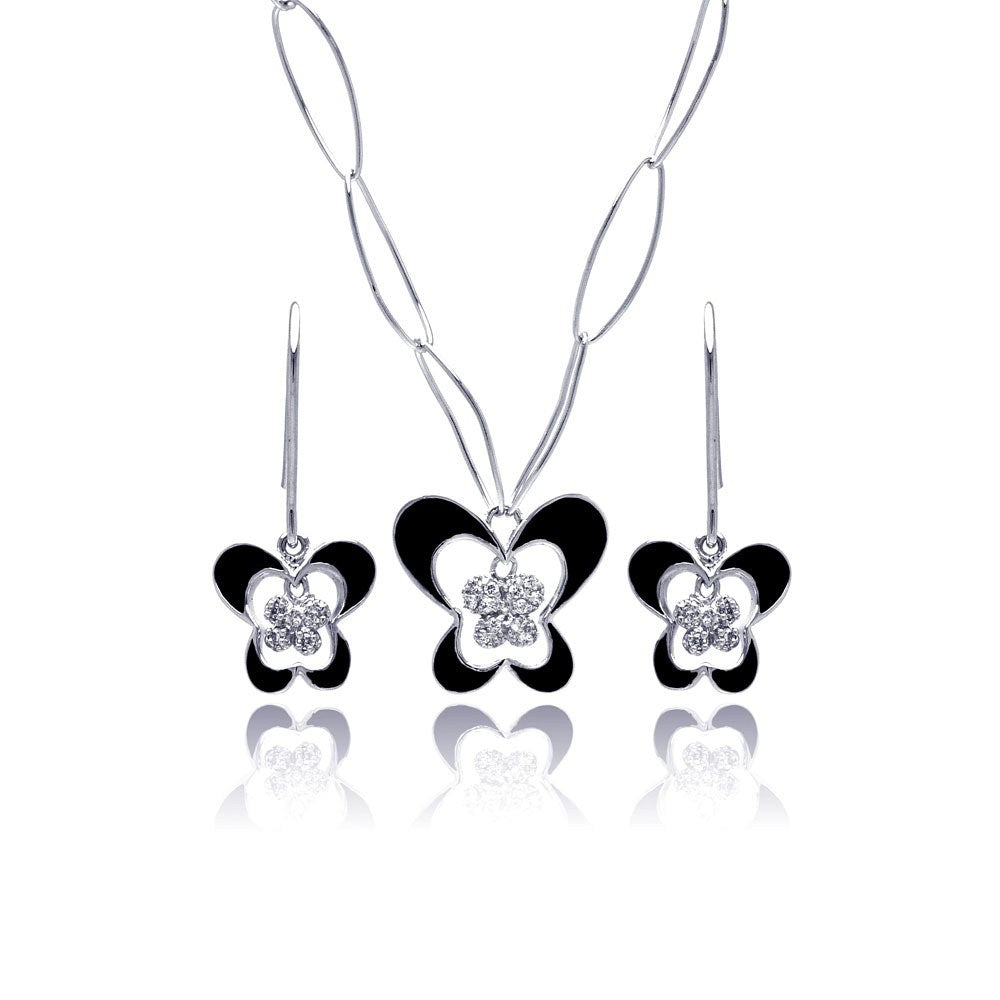 Sterling Silver Rhodium Plated Black Enamel Butterfly Clear CZ Hook Earring and Necklace Set