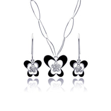 Load image into Gallery viewer, Sterling Silver Rhodium Plated Black Enamel Butterfly Clear CZ Hook Earring and Necklace Set