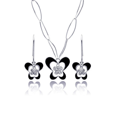 Sterling Silver Rhodium Plated Black Enamel Butterfly Clear CZ Hook Earring and Necklace Set