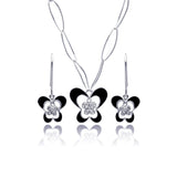 Sterling Silver Rhodium Plated Black Enamel Butterfly Clear CZ Hook Earring and Necklace Set