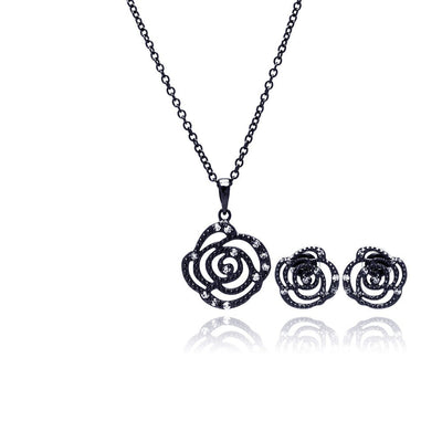 Sterling Silver Black Rhodium Plated Open Flower Rose Clear CZ Stud Earring and Necklace Set