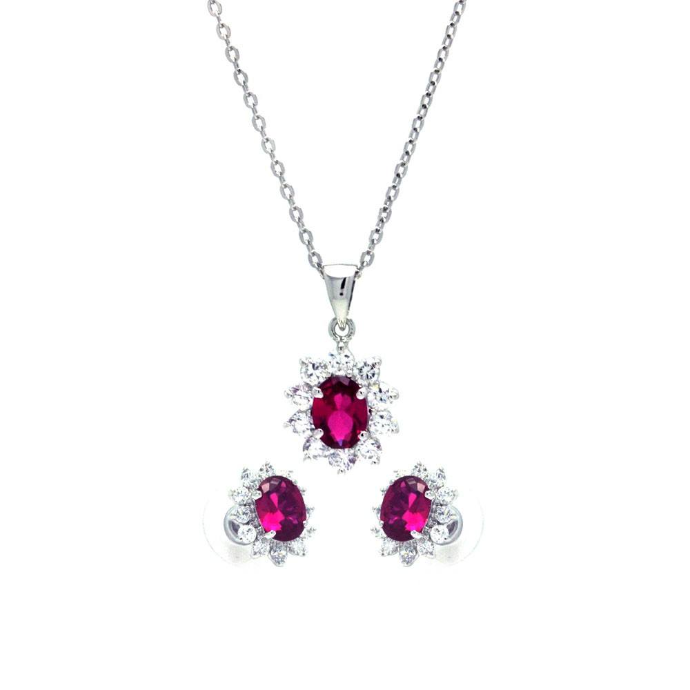 Sterling Silver Rhodium Plated Red and Clear Cluster Flower CZ Stud Earring and Dangling Necklace Set