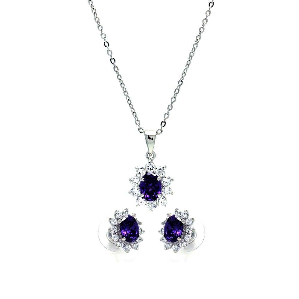 Sterling Silver Rhodium Plated Purple and Clear Cluster Flower CZ Stud Earring and Dangling Necklace Set