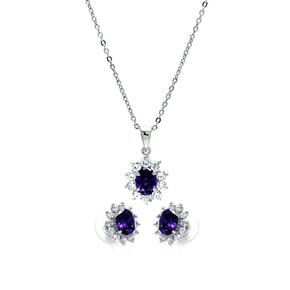 Sterling Silver Rhodium Plated Purple and Clear Cluster Flower CZ Stud Earring and Dangling Necklace Set