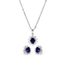 Load image into Gallery viewer, Sterling Silver Rhodium Plated Purple and Clear Cluster Flower CZ Stud Earring and Dangling Necklace Set