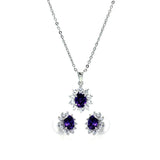 Sterling Silver Rhodium Plated Purple and Clear Cluster Flower CZ Stud Earring and Dangling Necklace Set