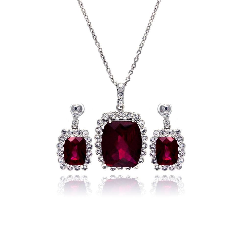 Sterling Silver Rhodium Plated Red and Clear Rectangular CZ Dangling Stud Earring and Dangling Necklace Set