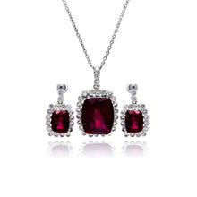 Load image into Gallery viewer, Sterling Silver Rhodium Plated Red and Clear Rectangular CZ Dangling Stud Earring and Dangling Necklace Set