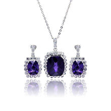 Load image into Gallery viewer, Sterling Silver Rhodium Plated Purple and Clear Rectangular CZ Dangling Stud Earring and Necklace Set