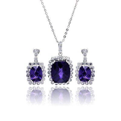 Sterling Silver Rhodium Plated Purple and Clear Rectangular CZ Dangling Stud Earring and Necklace Set