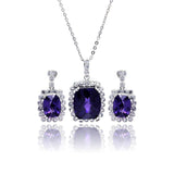 Sterling Silver Rhodium Plated Purple and Clear Rectangular CZ Dangling Stud Earring and Necklace Set