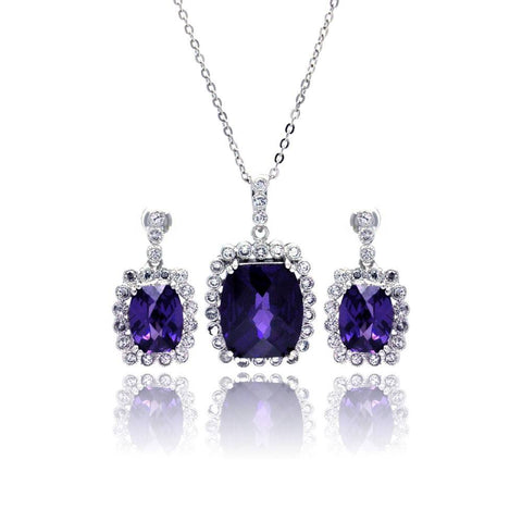 Sterling Silver Rhodium Plated Purple and Clear Rectangular CZ Dangling Stud Earring and Necklace Set