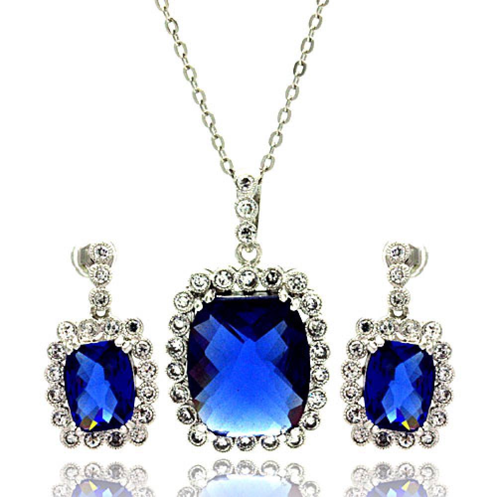 Sterling Silver Rhodium Plated Blue and Clear Rectangular CZ Dangling Stud Earring and Necklace Set