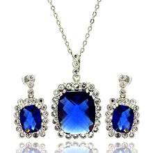 Load image into Gallery viewer, Sterling Silver Rhodium Plated Blue and Clear Rectangular CZ Dangling Stud Earring and Necklace Set