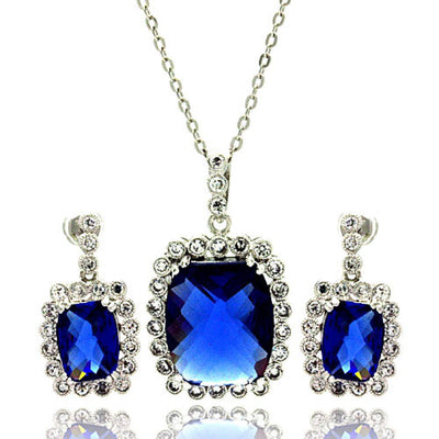 Sterling Silver Rhodium Plated Blue and Clear Rectangular CZ Dangling Stud Earring and Necklace Set