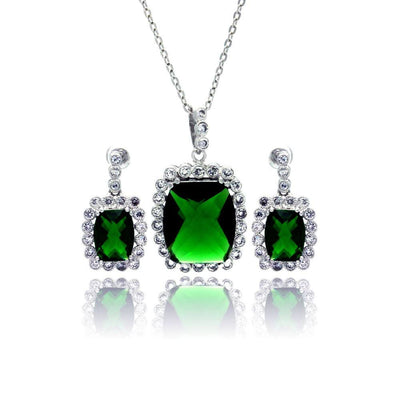 Sterling Silver Rhodium Plated Green and Clear Rectangular CZ Dangling Stud Earring and Necklace Set