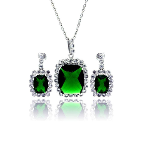 Sterling Silver Rhodium Plated Green and Clear Rectangular CZ Dangling Stud Earring and Necklace Set