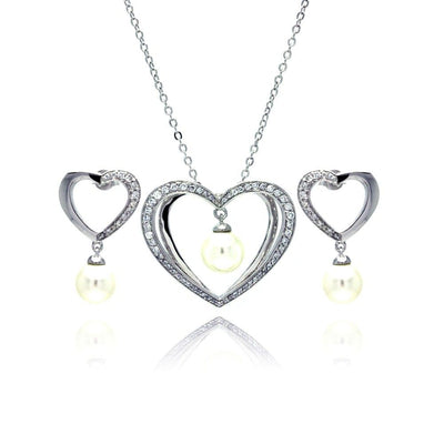 Sterling Silver Rhodium Plated Hanging Pearl Open Heart Clear CZ Stud Earring and Necklace Set