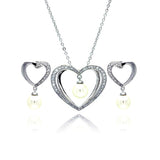 Sterling Silver Rhodium Plated Hanging Pearl Open Heart Clear CZ Stud Earring and Necklace Set