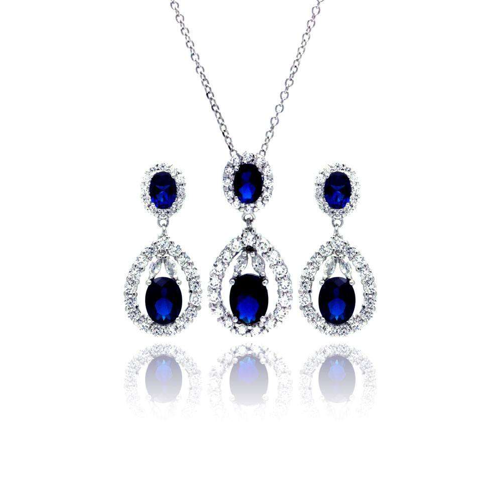 Sterling Silver Rhodium Plated Blue and Clear Teardrop CZ Hanging Stud Earring and Necklace Set