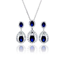 Load image into Gallery viewer, Sterling Silver Rhodium Plated Blue and Clear Teardrop CZ Hanging Stud Earring and Necklace Set