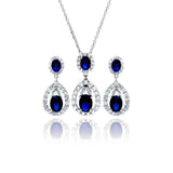 Sterling Silver Rhodium Plated Blue and Clear Teardrop CZ Hanging Stud Earring and Necklace Set