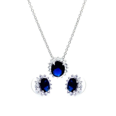 Sterling Silver Rhodium Plated Blue and Clear Cluster Oval CZ Stud Earring and Necklace Set