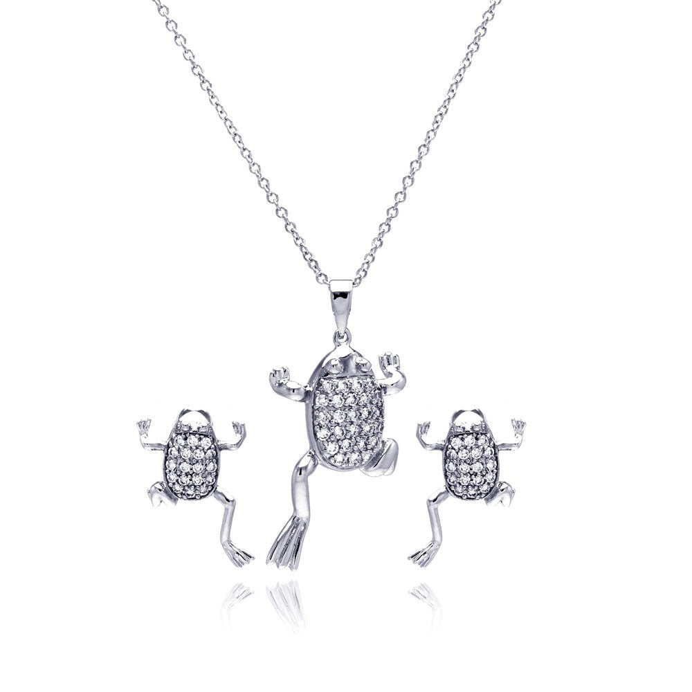 Sterling Silver Rhodium Plated Clear Climbing Frog CZ Stud Earring and Necklace