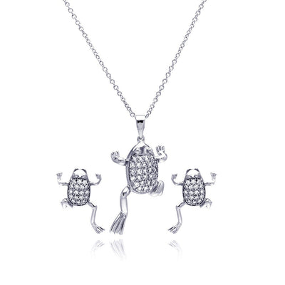 Sterling Silver Rhodium Plated Clear Climbing Frog CZ Stud Earring and Necklace