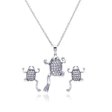 Sterling Silver Rhodium Plated Clear Climbing Frog CZ Stud Earring and Necklace
