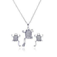 Sterling Silver Rhodium Plated Clear Climbing Frog CZ Stud Earring and Necklace