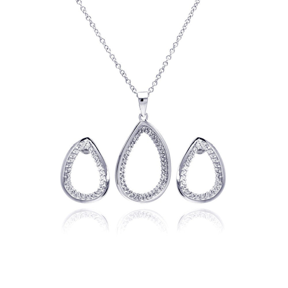 Sterling Silver Rhodium Plated Clear Open Teardrop CZ Stud Earring and Necklace Set