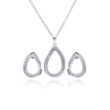 Sterling Silver Rhodium Plated Clear Open Teardrop CZ Stud Earring and Necklace Set
