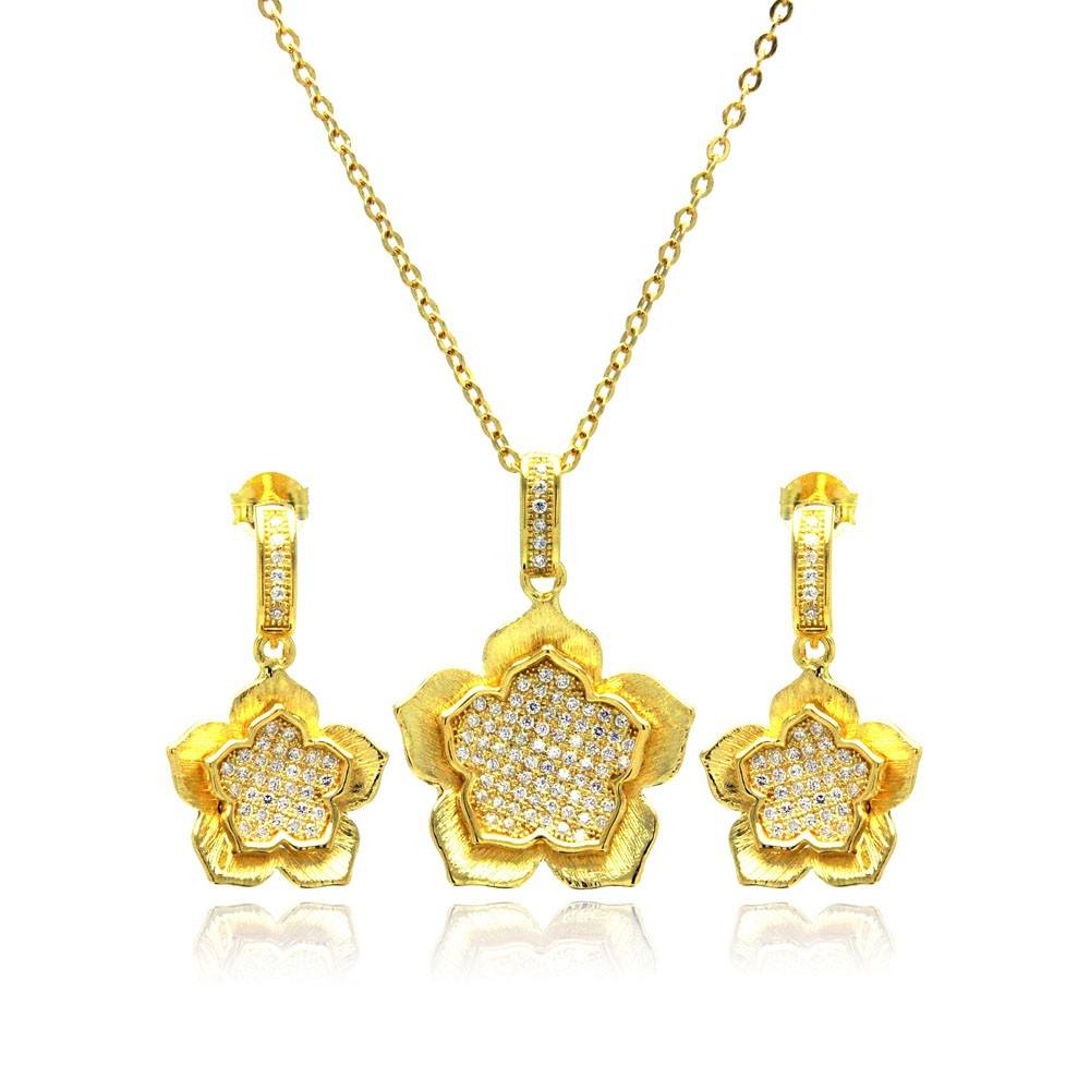 Sterling Silver Gold Plated Clear Flower CZ Hanging Stud Earring and Necklace Set