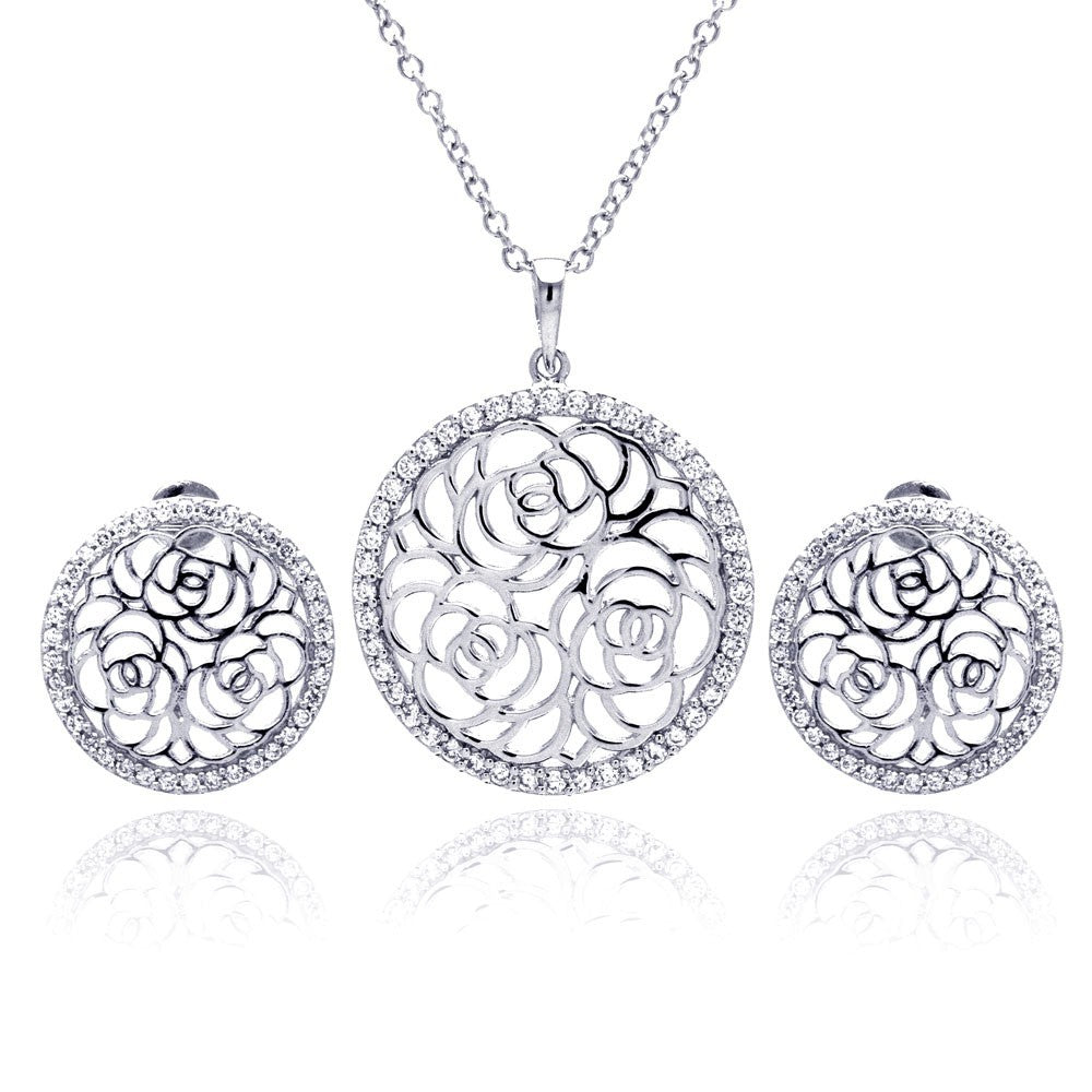 Sterling Silver Rhodium Plated Flower Rose Outline Circle Clear CZ Stud Earring and Necklace Set