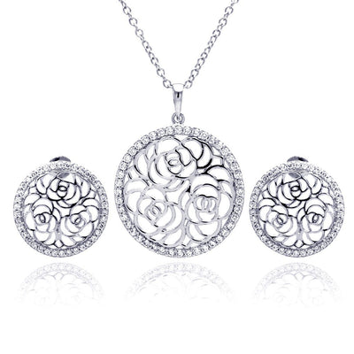 Sterling Silver Rhodium Plated Flower Rose Outline Circle Clear CZ Stud Earring and Necklace Set