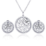 Sterling Silver Rhodium Plated Flower Rose Outline Circle Clear CZ Stud Earring and Necklace Set