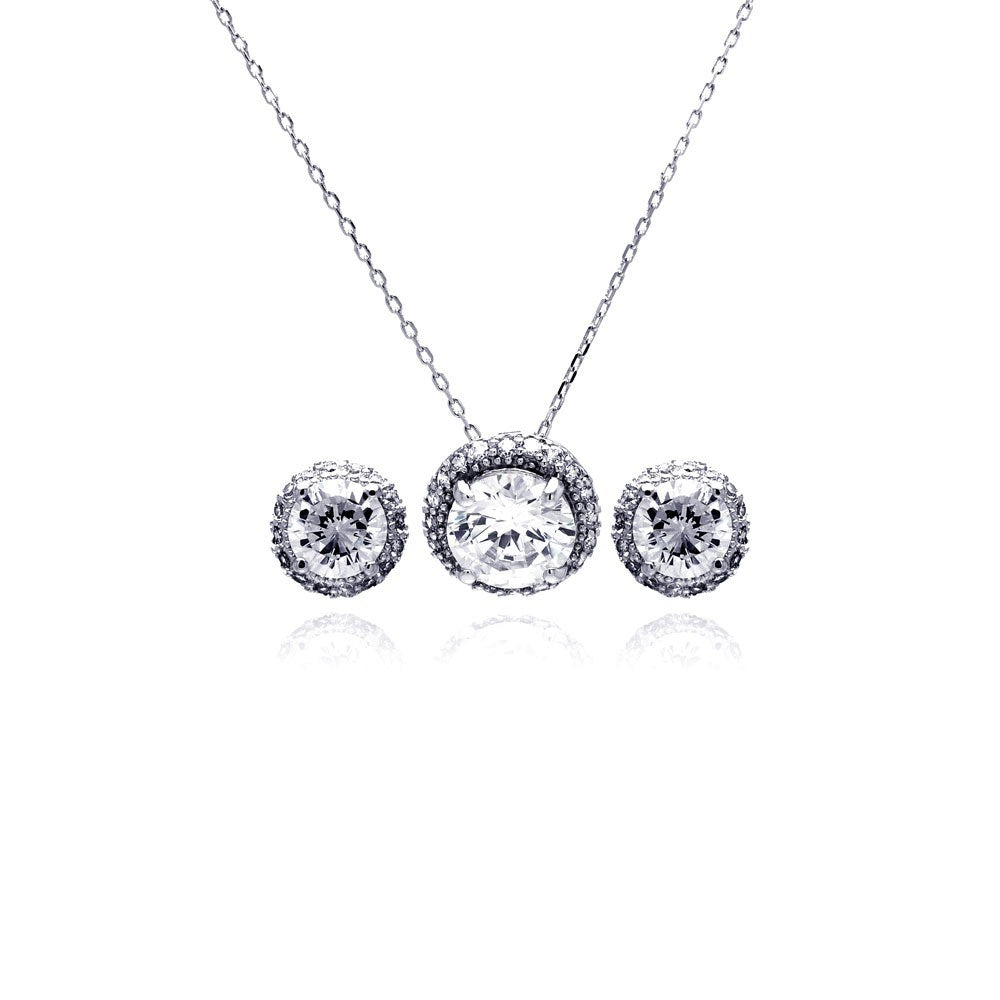 Sterling Silver Rhodium Plated Clear Round Circle CZ Stud Earring and Necklace Set