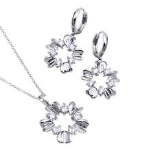 Load image into Gallery viewer, Sterling Silver Rhodium Plated High Polish Flower Clear CZ Leverback Earring and Necklace Set