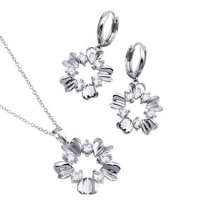 Sterling Silver Rhodium Plated High Polish Flower Clear CZ Leverback Earring and Necklace Set